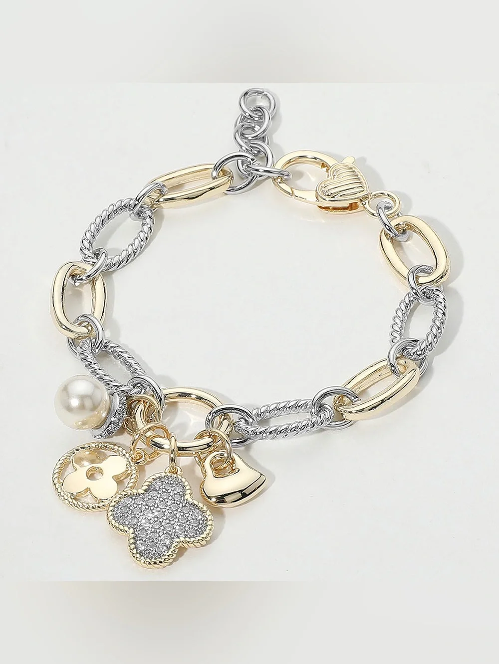 14K Gold Plated Two Tone CZ Stone Paved Quatrefoil Heart Pearl Charm Accent Brac